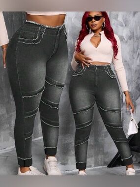 SHEIN SXY Plus Size Women Dark Grey Denim High Waist Distressed Skinny Jeans 3xl